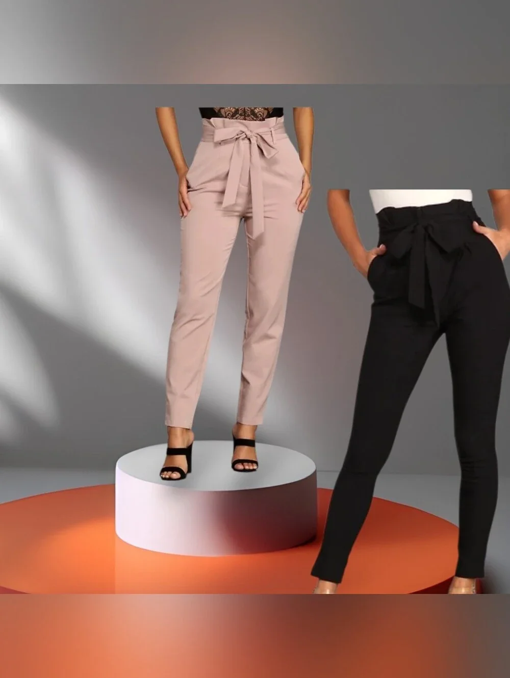 2 High-Waist Paperbag Tie Pants - Black & Blush